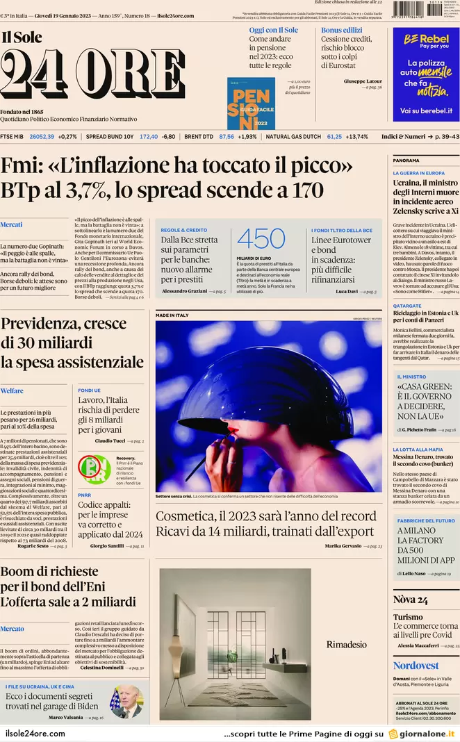Prime pagine giornali 19 gennaio 2023. Ministro Nordio, schiaffo all’antimafia