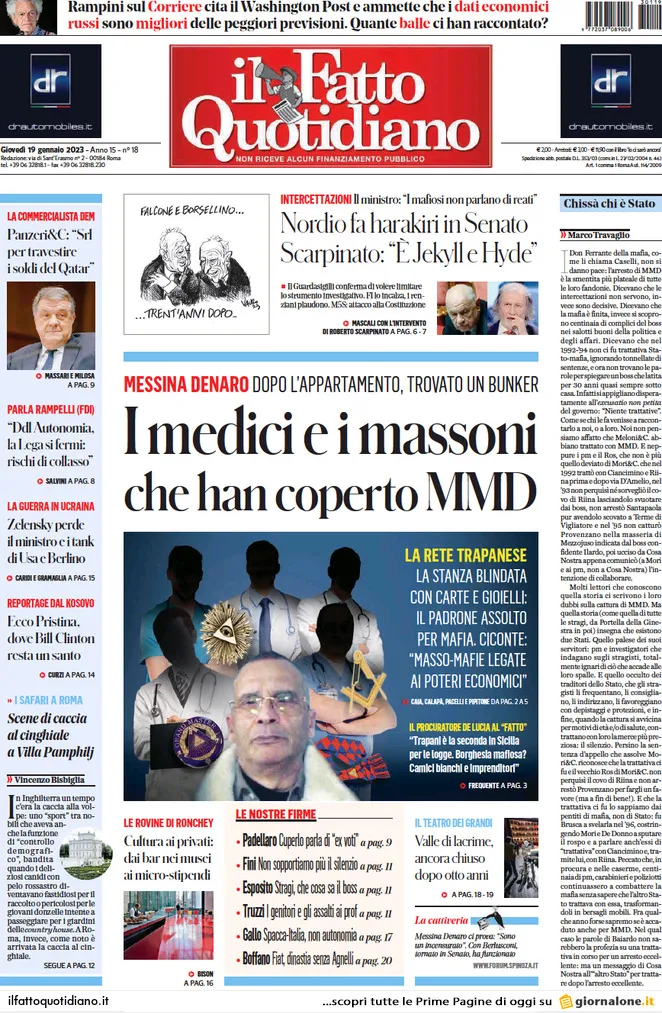 Prime pagine giornali 19 gennaio 2023. Ministro Nordio, schiaffo all’antimafia