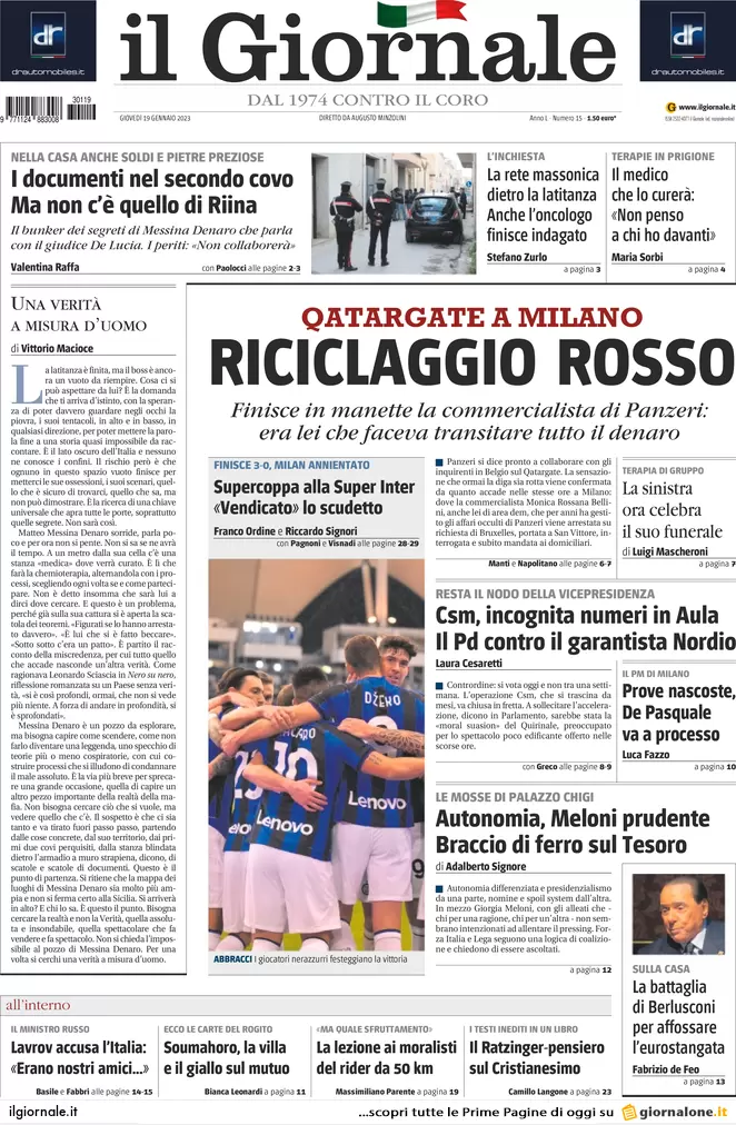 Prime pagine giornali 19 gennaio 2023. Ministro Nordio, schiaffo all’antimafia