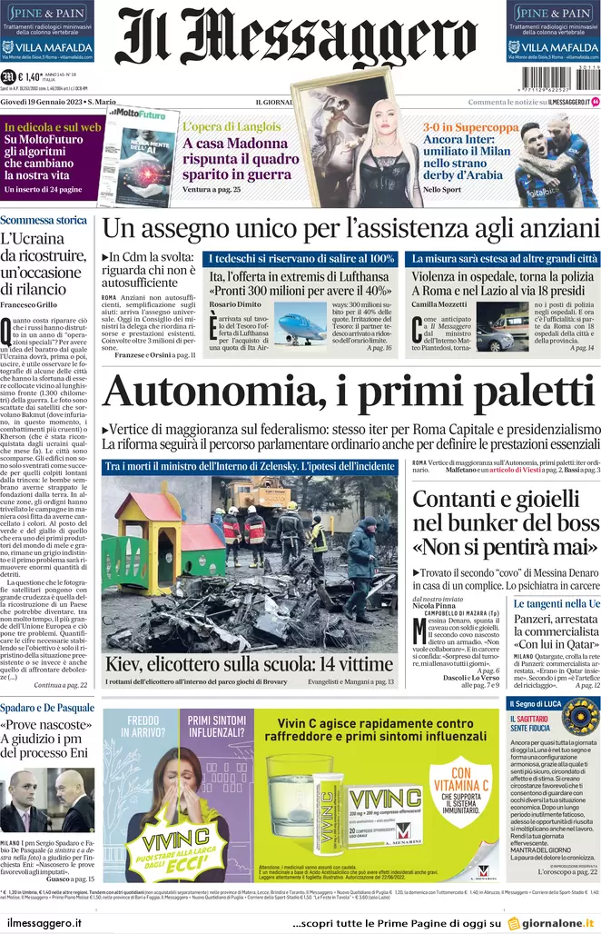 Prime pagine giornali 19 gennaio 2023. Ministro Nordio, schiaffo all’antimafia