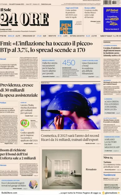 Prime pagine giornali economici 19 gennaio. Fmi, inflazione: toccato il picco