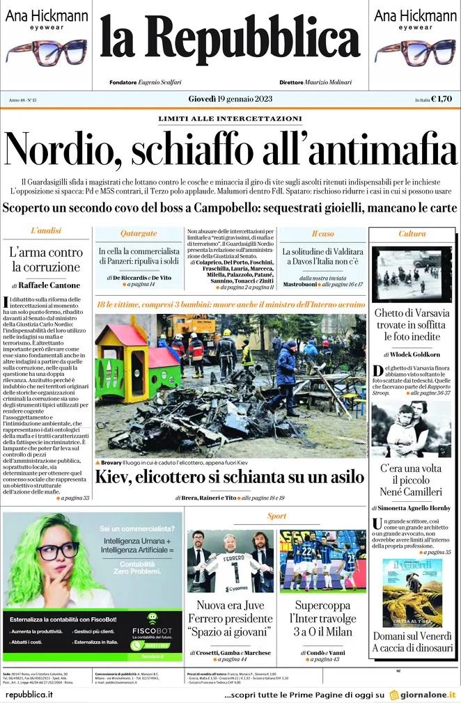 Prime pagine giornali 19 gennaio 2023. Ministro Nordio, schiaffo all’antimafia