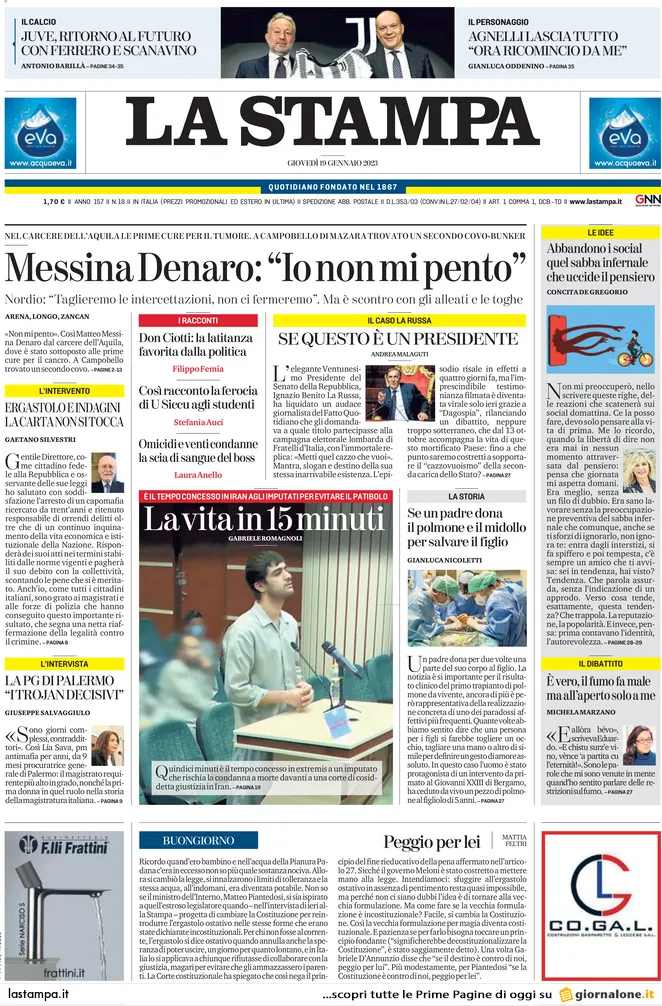Prime pagine giornali 19 gennaio 2023. Ministro Nordio, schiaffo all’antimafia