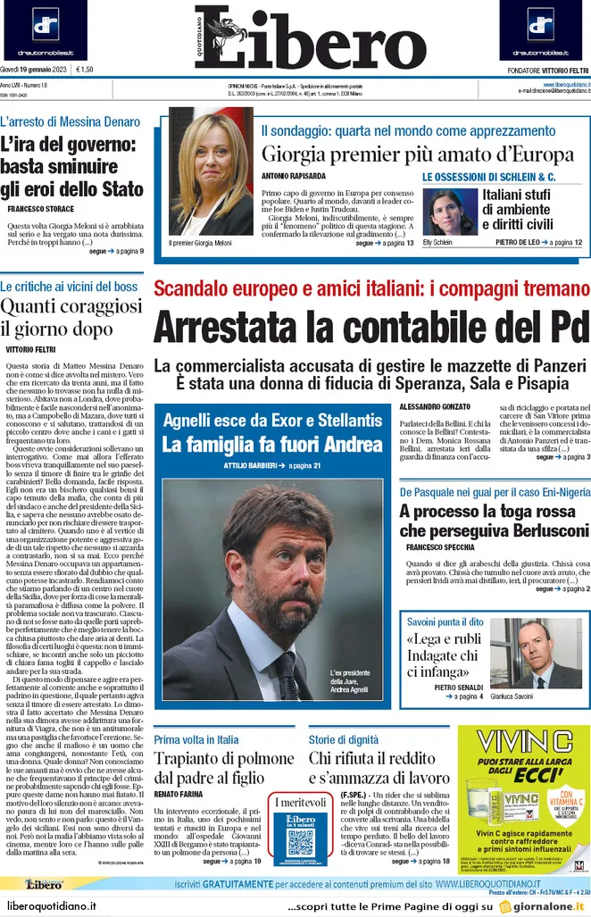 Prime pagine giornali 19 gennaio 2023. Ministro Nordio, schiaffo all’antimafia