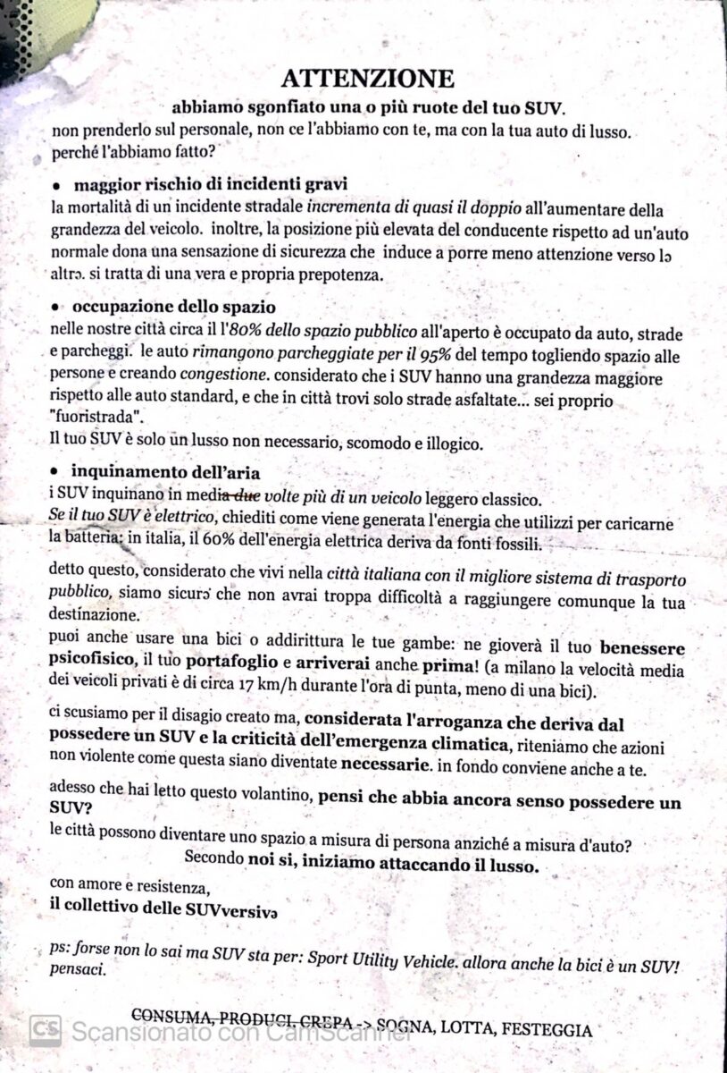 Milano, sgonfiano le gomme a decine di suv: “Usate la bici”. FOTO