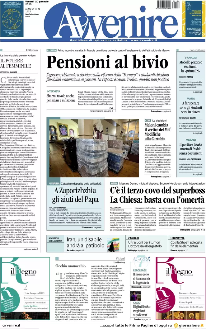 Prime pagine giornali 20 gennaio 2023. Nordio, attacco alle procure antimafia