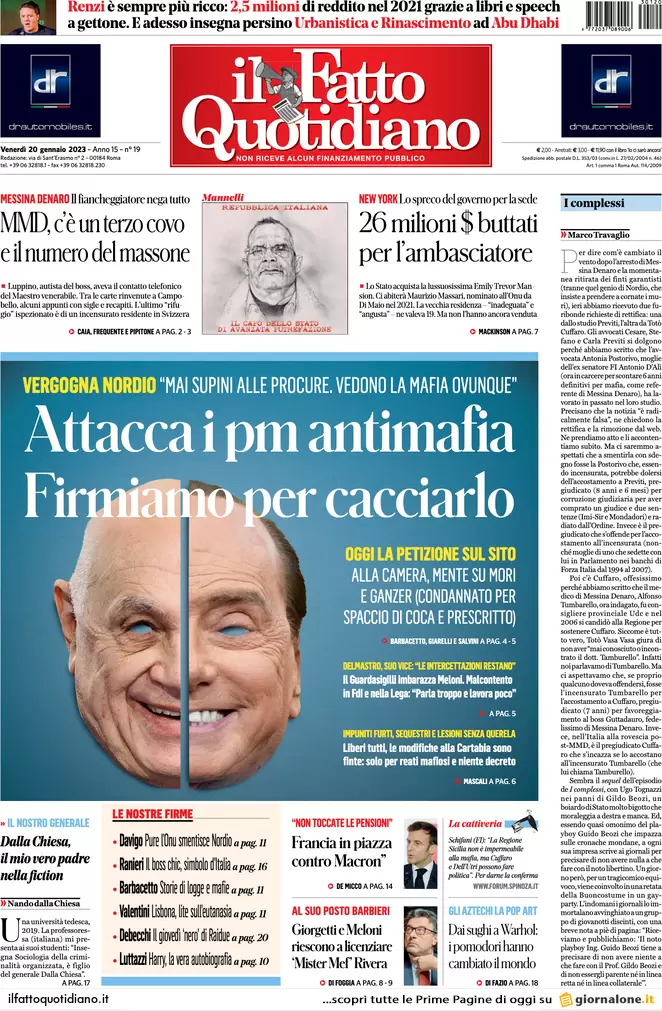 Prime pagine giornali 20 gennaio 2023. Nordio, attacco alle procure antimafia