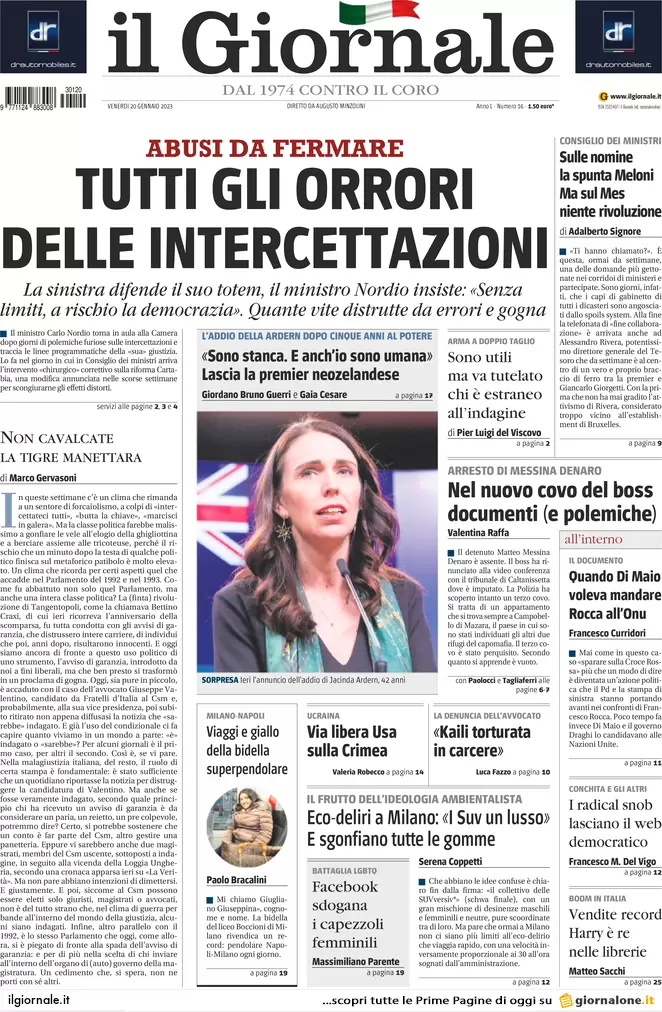 Prime pagine giornali 20 gennaio 2023. Nordio, attacco alle procure antimafia