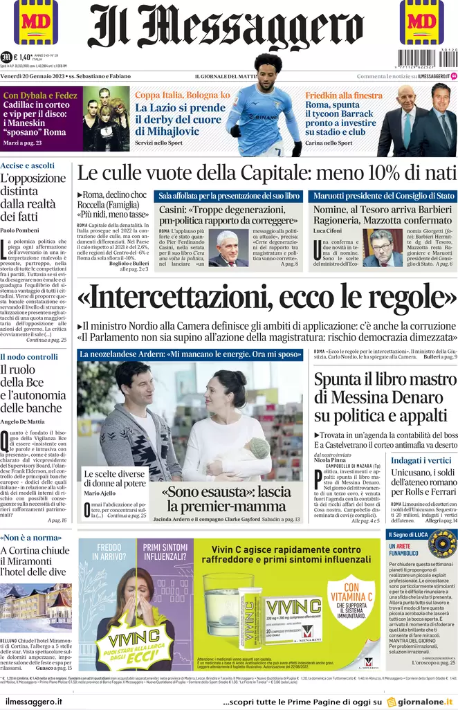 Prime pagine giornali 20 gennaio 2023. Nordio, attacco alle procure antimafia