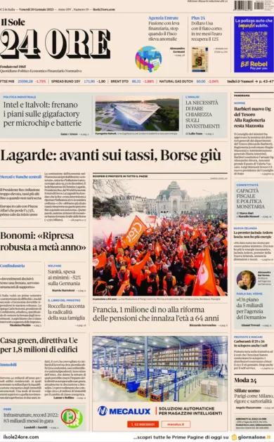 Prime pagine giornali economici 20 gennaio. Lagarde rialza i tassi, borse giù