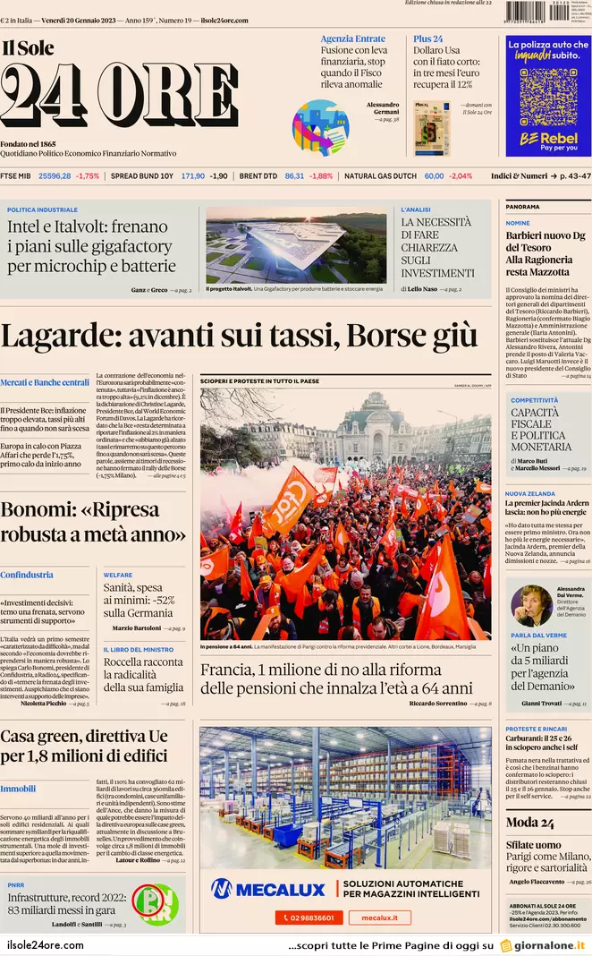 Prime pagine giornali economici 20 gennaio. Lagarde rialza i tassi, borse giù Prime pagine giornali economici 20 gennaio. Lagarde rialza i tassi, borse giù