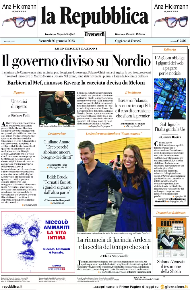 Prime pagine giornali 20 gennaio 2023. Nordio, attacco alle procure antimafia