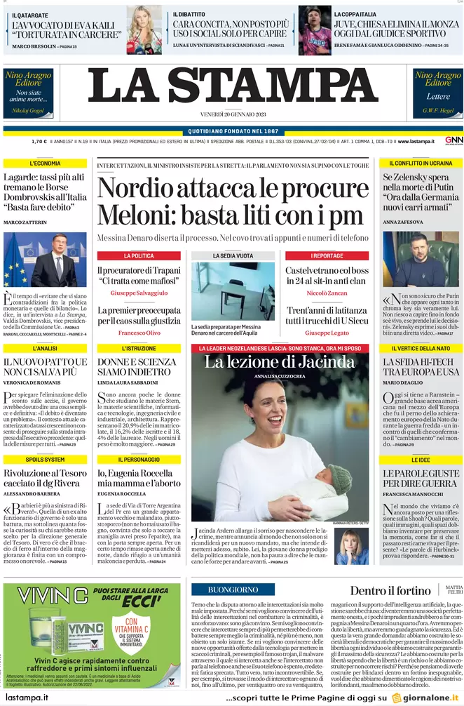 Prime pagine giornali 20 gennaio 2023. Nordio, attacco alle procure antimafia