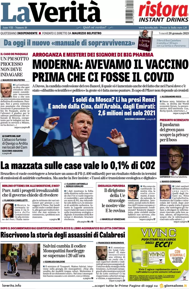 Prime pagine giornali 20 gennaio 2023. Nordio, attacco alle procure antimafia