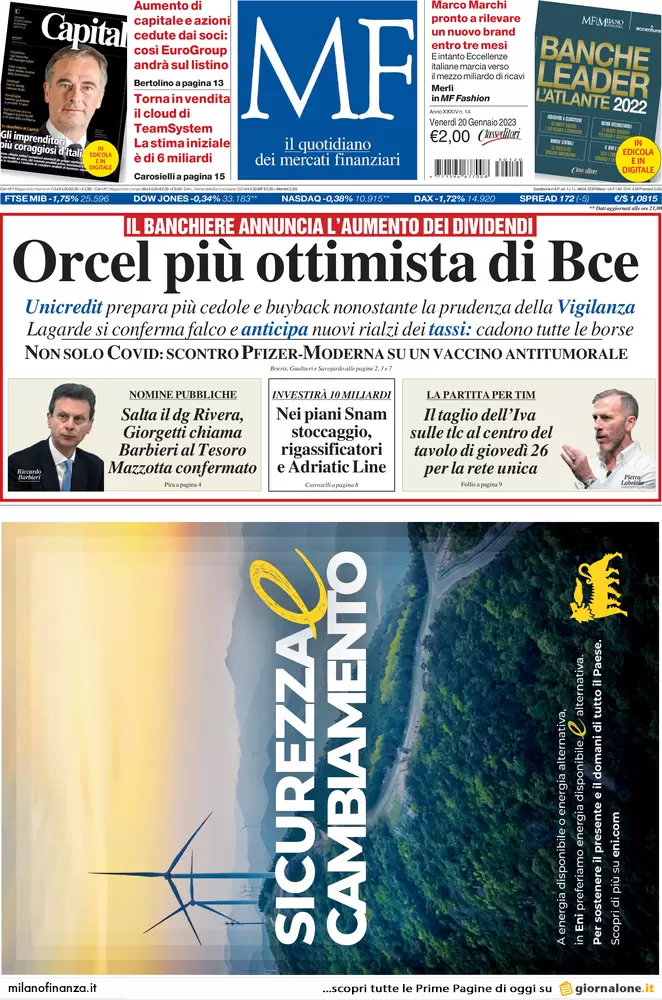 Prime pagine giornali economici 20 gennaio. Lagarde rialza i tassi, borse giù