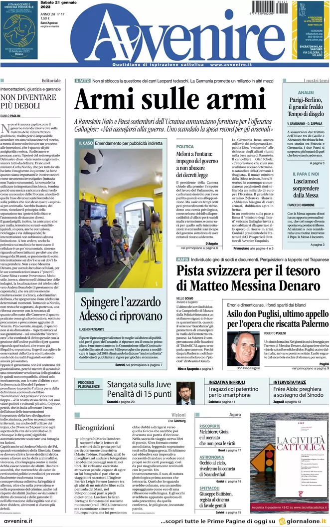 Prime pagine giornali 21 gennaio 2023. La Nato arma KIev, firme contro Nordio