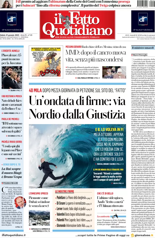 Prime pagine giornali 21 gennaio 2023. La Nato arma KIev, firme contro Nordio