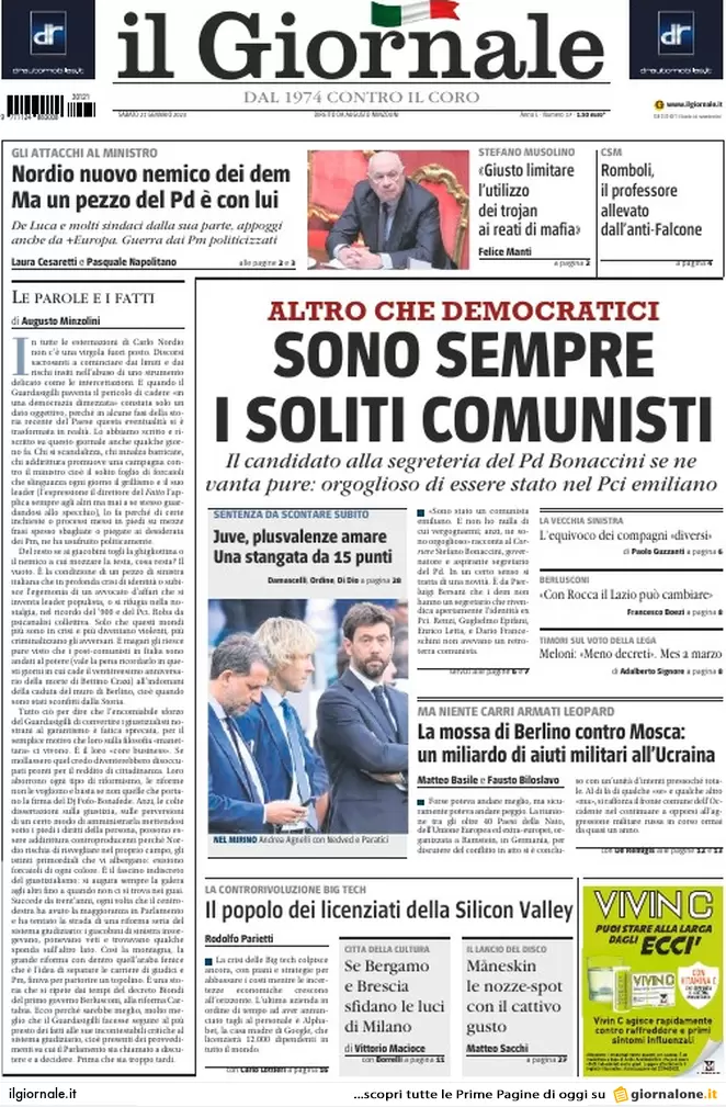 Prime pagine giornali 21 gennaio 2023. La Nato arma KIev, firme contro Nordio