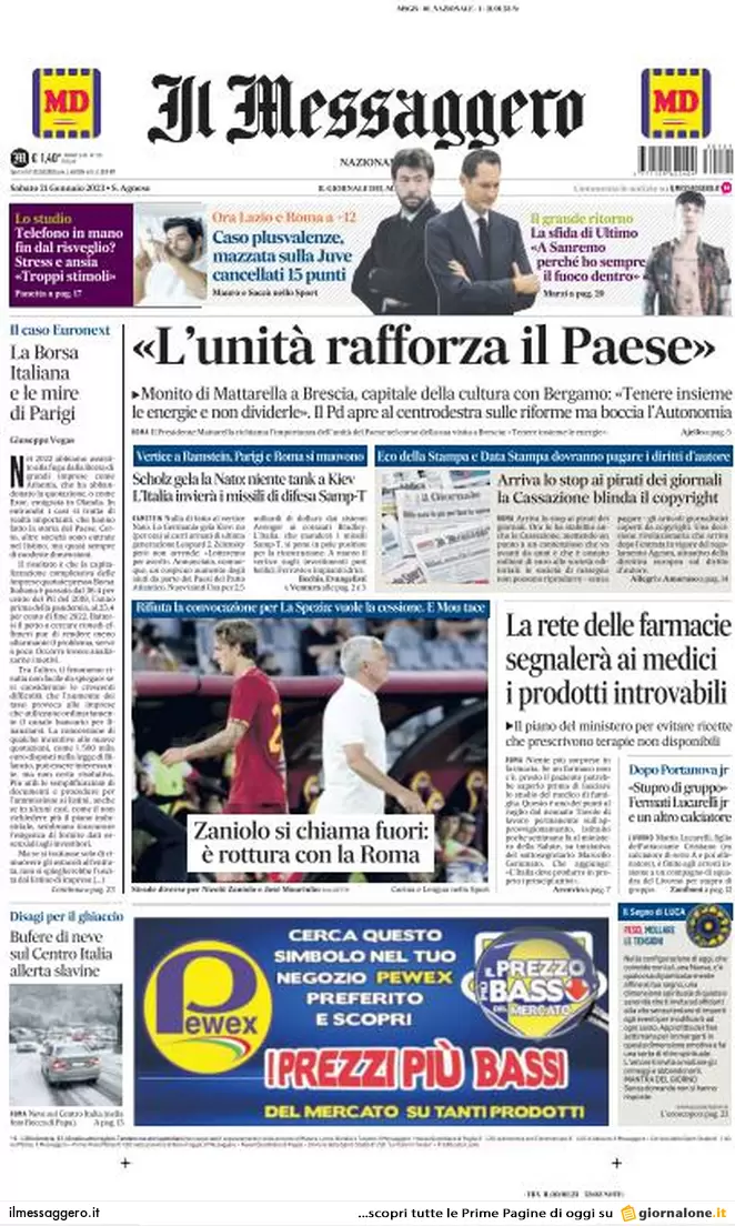 Prime pagine giornali 21 gennaio 2023. La Nato arma KIev, firme contro Nordio