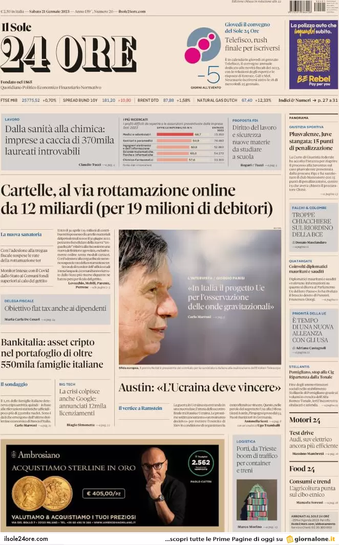 Prime pagine giornali economici 21 gennaio. Cartelle: rottamazione online