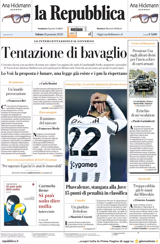 Prime pagine giornali 21 gennaio 2023. La Nato arma KIev, firme contro Nordio