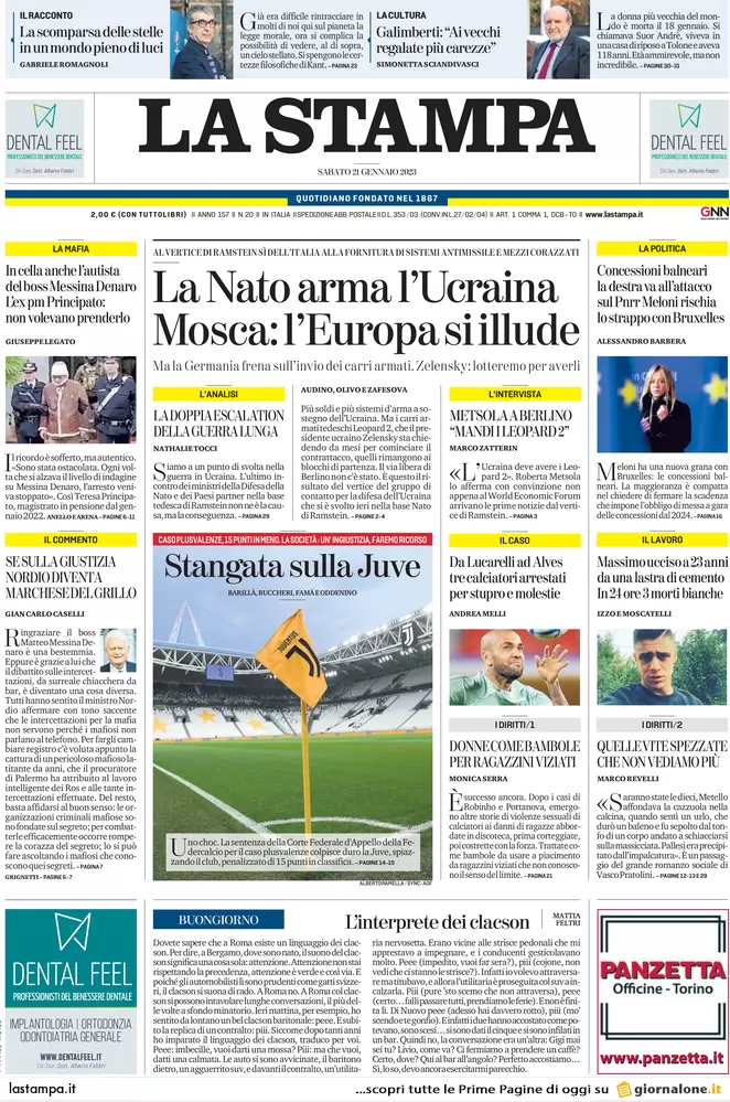 Prime pagine giornali 21 gennaio 2023. La Nato arma KIev, firme contro Nordio