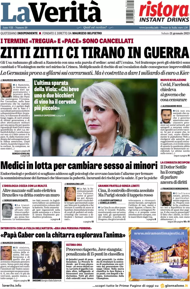 Prime pagine giornali 21 gennaio 2023. La Nato arma KIev, firme contro Nordio
