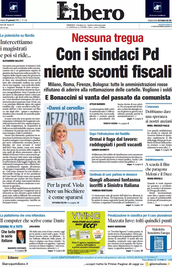 Prime pagine giornali 21 gennaio 2023. La Nato arma KIev, firme contro Nordio