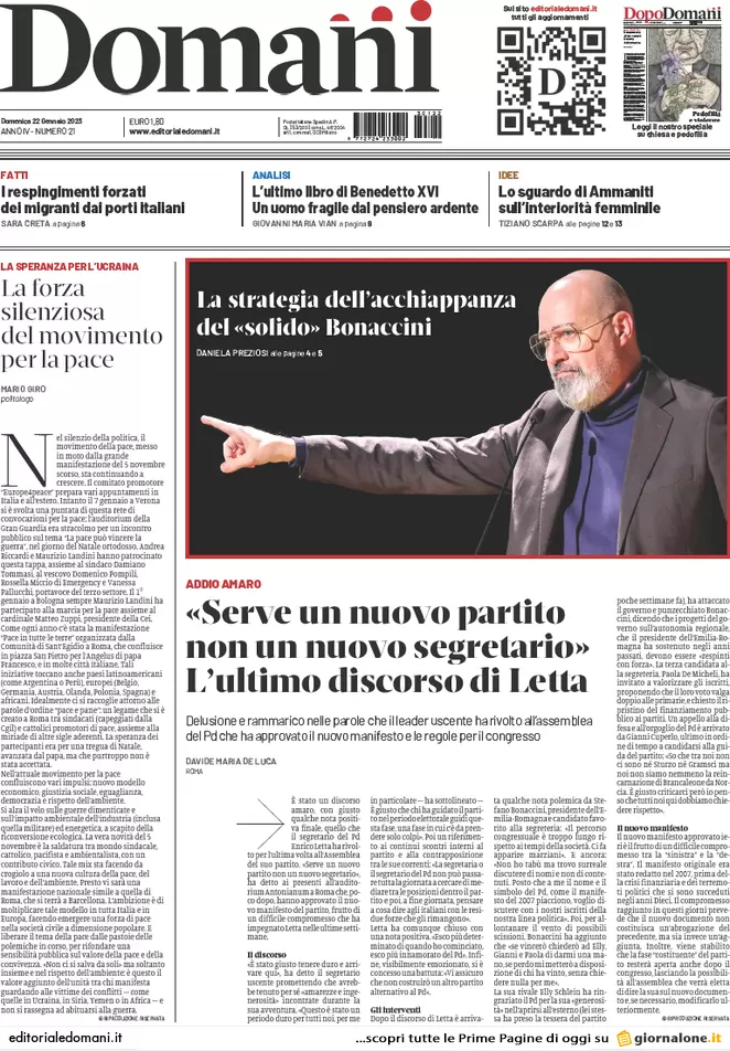 Prime pagine giornali 22 gennaio 2023. Fronda nel Pd. E quanto costa Lagarde..
