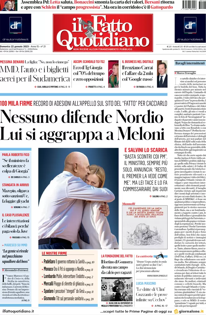 Prime pagine giornali 22 gennaio 2023. Fronda nel Pd. E quanto costa Lagarde..