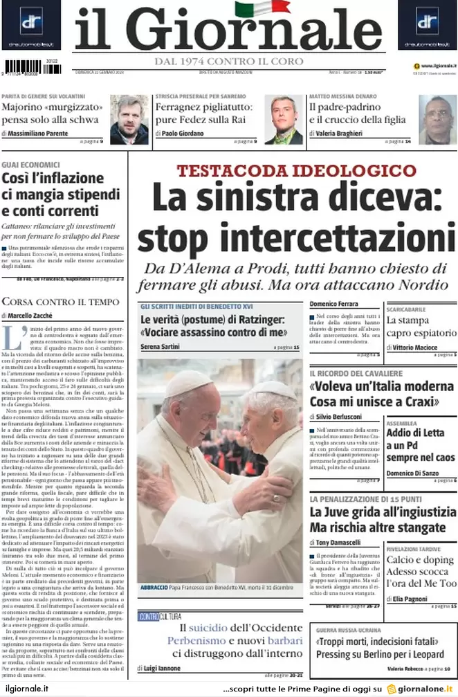 Prime pagine giornali 22 gennaio 2023. Fronda nel Pd. E quanto costa Lagarde..