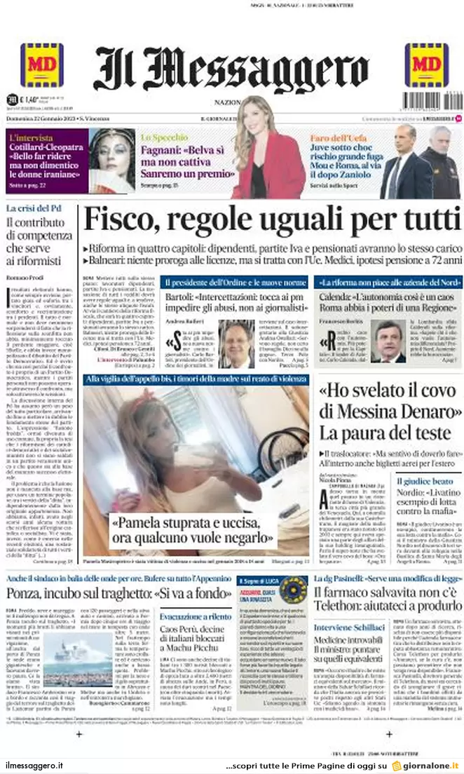 Prime pagine giornali 22 gennaio 2023. Fronda nel Pd. E quanto costa Lagarde..