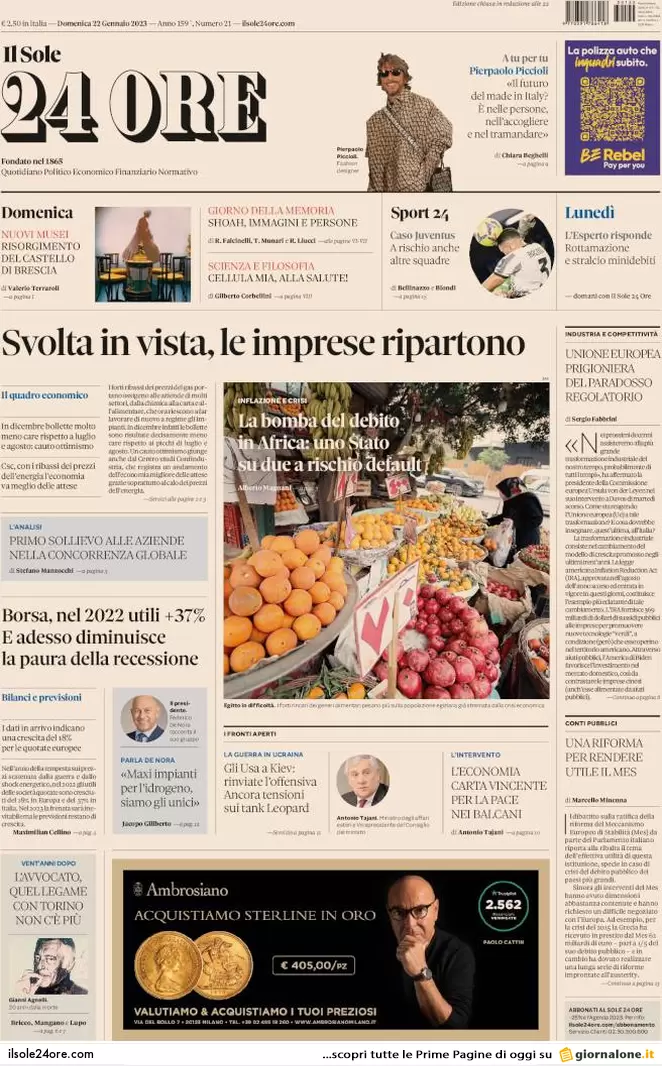 Prime pagine giornali economici 22 gennaio. Svolta, le imprese ripartono