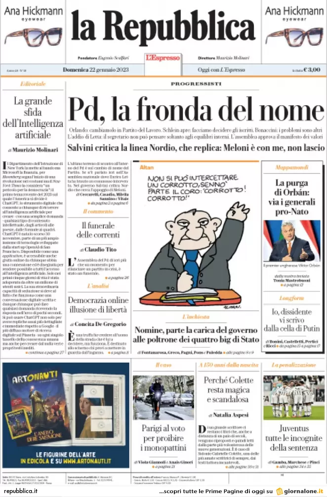 Prime pagine giornali 22 gennaio 2023. Fronda nel Pd. E quanto costa Lagarde..