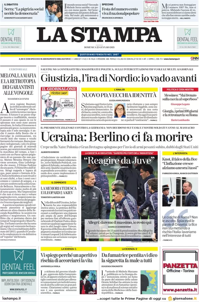 Prime pagine giornali 22 gennaio 2023. Fronda nel Pd. E quanto costa Lagarde..