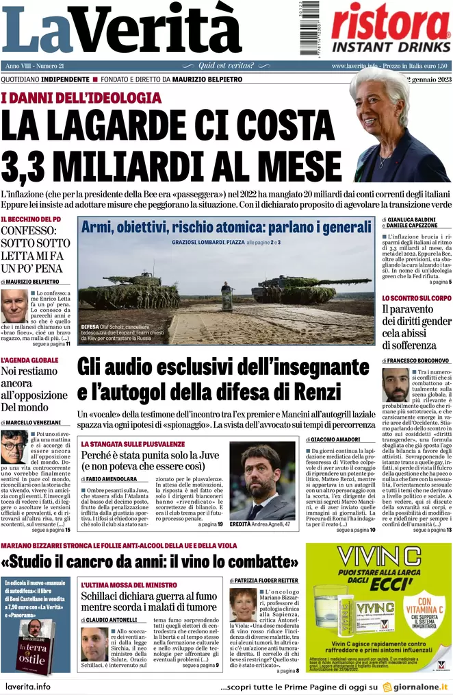 Prime pagine giornali 22 gennaio 2023. Fronda nel Pd. E quanto costa Lagarde..