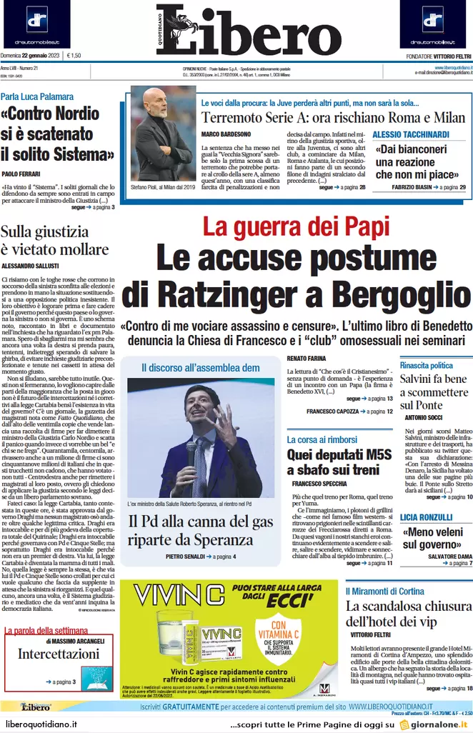 Prime pagine giornali 22 gennaio 2023. Fronda nel Pd. E quanto costa Lagarde..