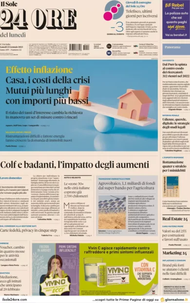 Prime pagine giornali economici 23 gennaio. Effetto crisi, cambiano i mutui