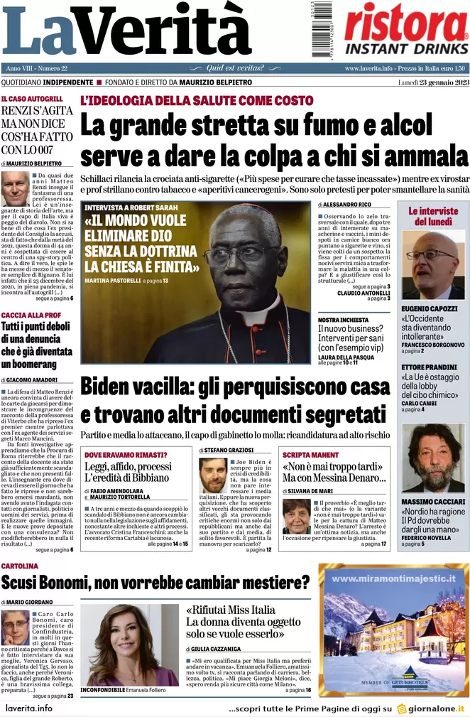 Prime pagine giornali 23 gennaio 2023. Usa, il pressing dell’Fbi su Biden Prime pagine giornali 23 gennaio 2023. Usa, il pressing dell’Fbi su Biden