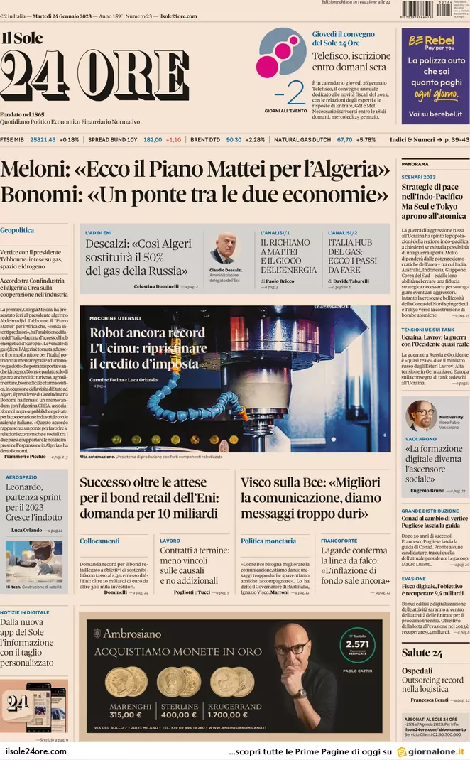Prime pagine giornali 24 gennaio 2023. Gas, 5 accordi anti Putin con l’Algeria