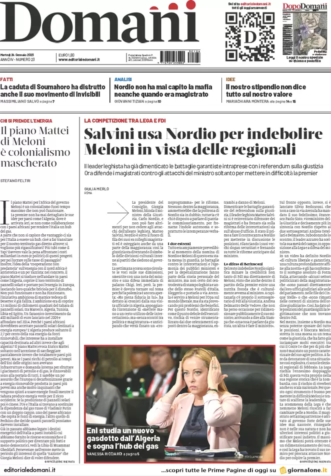 Prime pagine giornali 24 gennaio 2023. Gas, 5 accordi anti Putin con l’Algeria