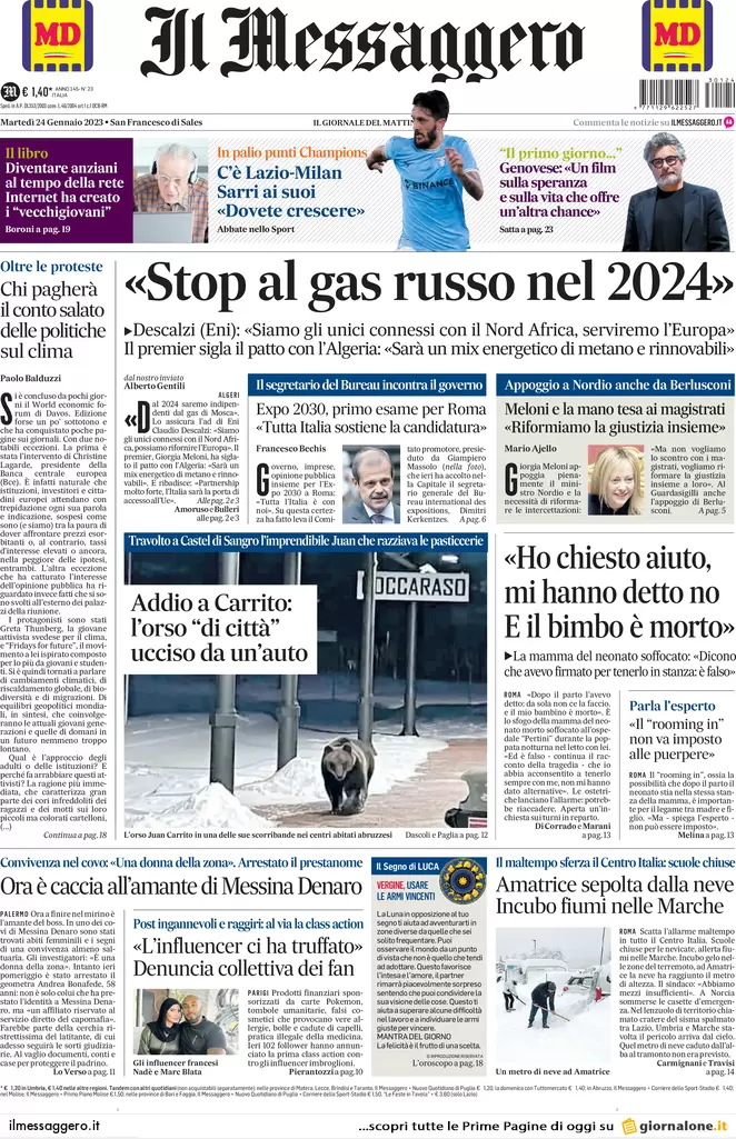 Prime pagine giornali 24 gennaio 2023. Gas, 5 accordi anti Putin con l’Algeria