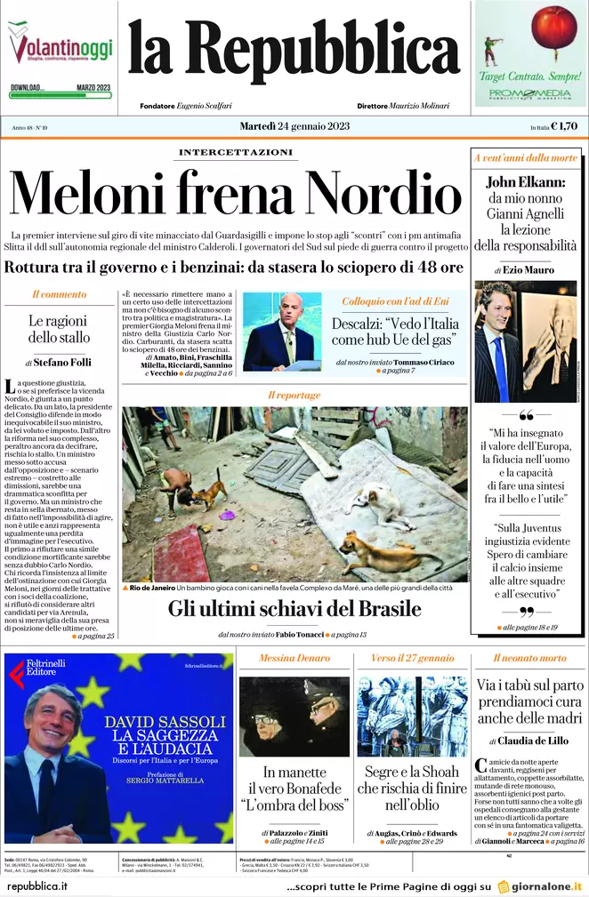 Prime pagine giornali 24 gennaio 2023. Gas, 5 accordi anti Putin con l’Algeria