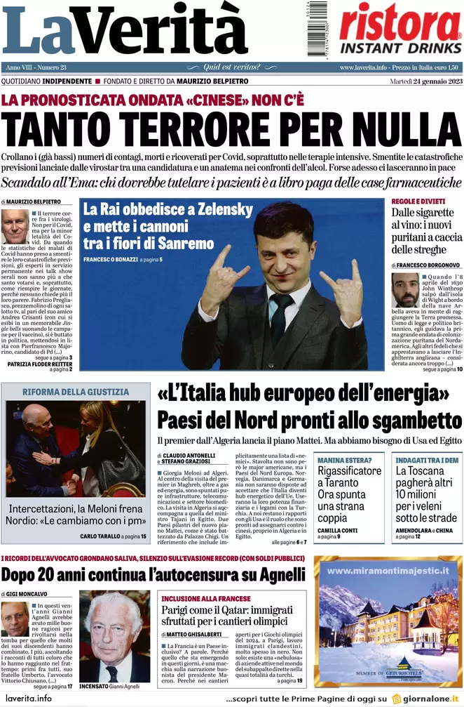 Prime pagine giornali 24 gennaio 2023. Gas, 5 accordi anti Putin con l’Algeria