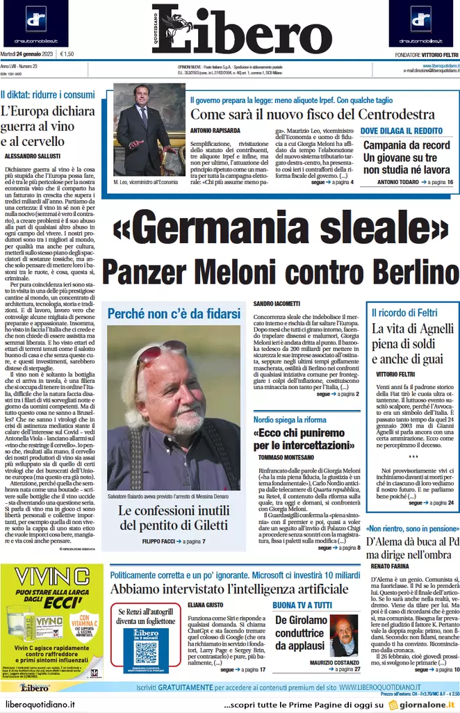 Prime pagine giornali 24 gennaio 2023. Gas, 5 accordi anti Putin con l’Algeria