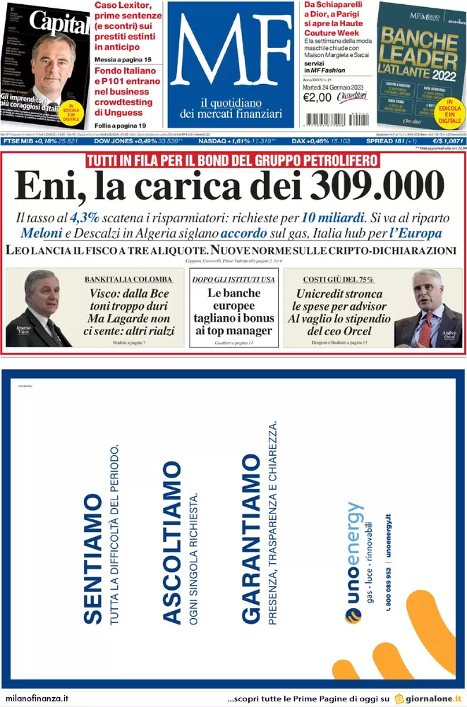 Prime pagine giornali economici 24 gennaio. Visco contro la Bce: “Così non va”