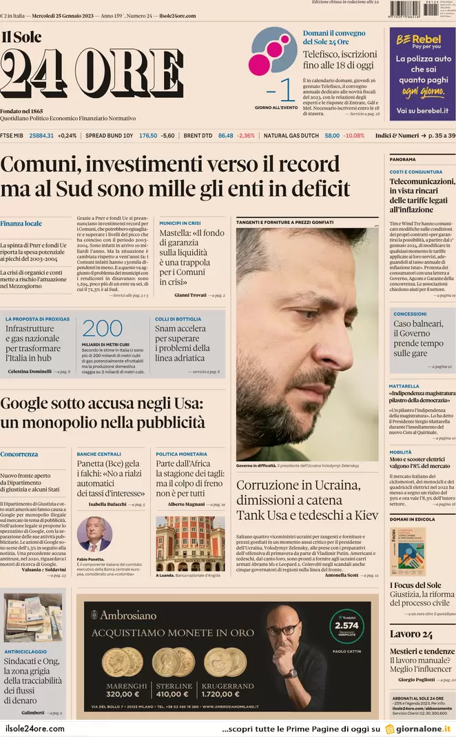 Prime pagine giornali 25 gennaio 2023. Escalation guerra: tank da Usa-Germania