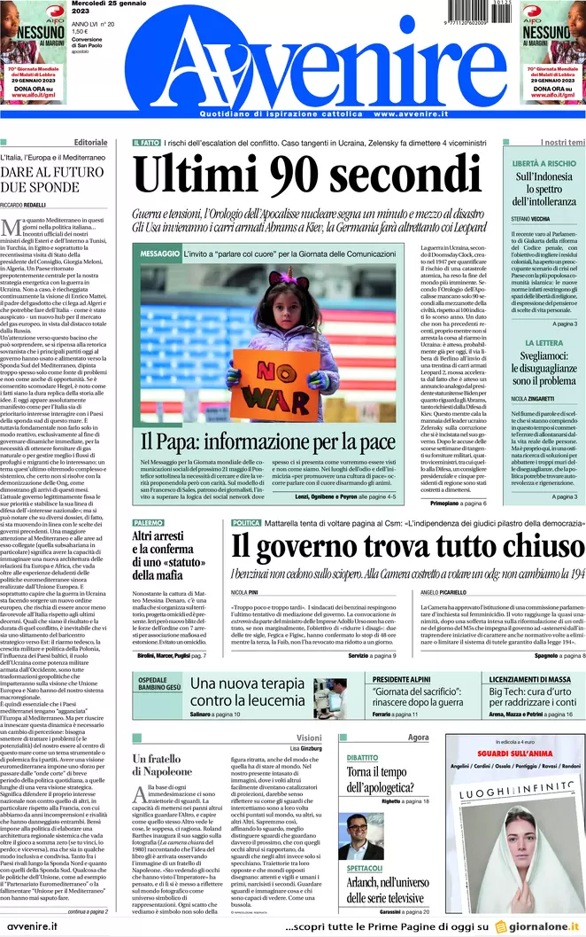 Prime pagine giornali 25 gennaio 2023. Escalation guerra: tank da Usa-Germania