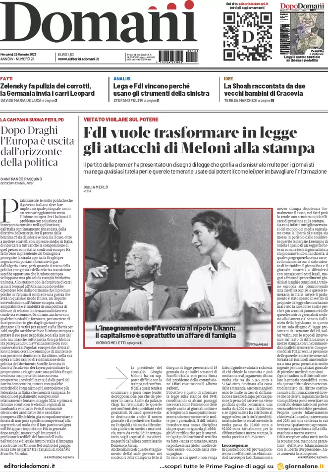 Prime pagine giornali 25 gennaio 2023. Escalation guerra: tank da Usa-Germania