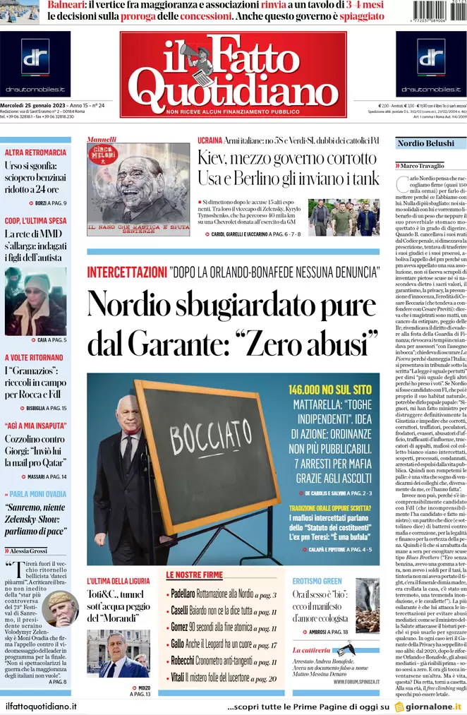 Prime pagine giornali 25 gennaio 2023. Escalation guerra: tank da Usa-Germania
